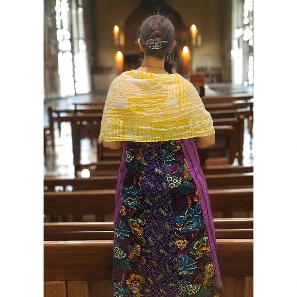 NWT Trades of Hope Yellow White Cotton Handmade Block Printed Cotton Scarf India - Picture 7 of 9